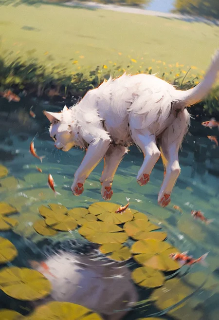 (dutch angle:1.2), dynamic angle,
very awa, masterpiece, highres, absurdres,
(solo:1.1), cat, animal, animal focus, tiny, cute, small, fluffy, falling down, no humans, from behind, dynamic pose, fish, catching, pound, water, outside, nature, plant, floating,
<lora:NOOB_vp1_detailer_by_volnovik_v1:0.35> <lora:noobai_ep11_stabilizer_v0.114_fp16:0.35> <lora:ponyv6_vpred6:0.3>
<lora:klskx-12:0.85> (klskx:1.1) <lora:AESTX:0.4> <lora:YTSKX:0.4> (konya karasue, 96yottea:1.1), realistic,