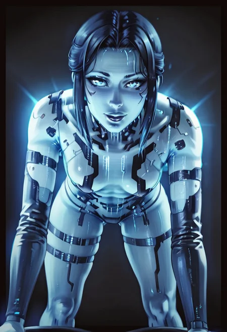 score_9, score_8_up, score_7_up, score_6_up, score_5_up, score_4_up, BREAK,
8k, HDR+, high detailed, ultra-detailed, high definition, high quality, best quality, masterpiece,
CortanaH2A, blue skin, blue theme, hologram, perfect boobs, small breasts,
frilled leotard,bridal_garter,frilled sleeves,black sleeves,
close up view down shirt, bent over, chest focus view, cyberpunk, view down open shirt, boobs hanging down,
looking at viewer,