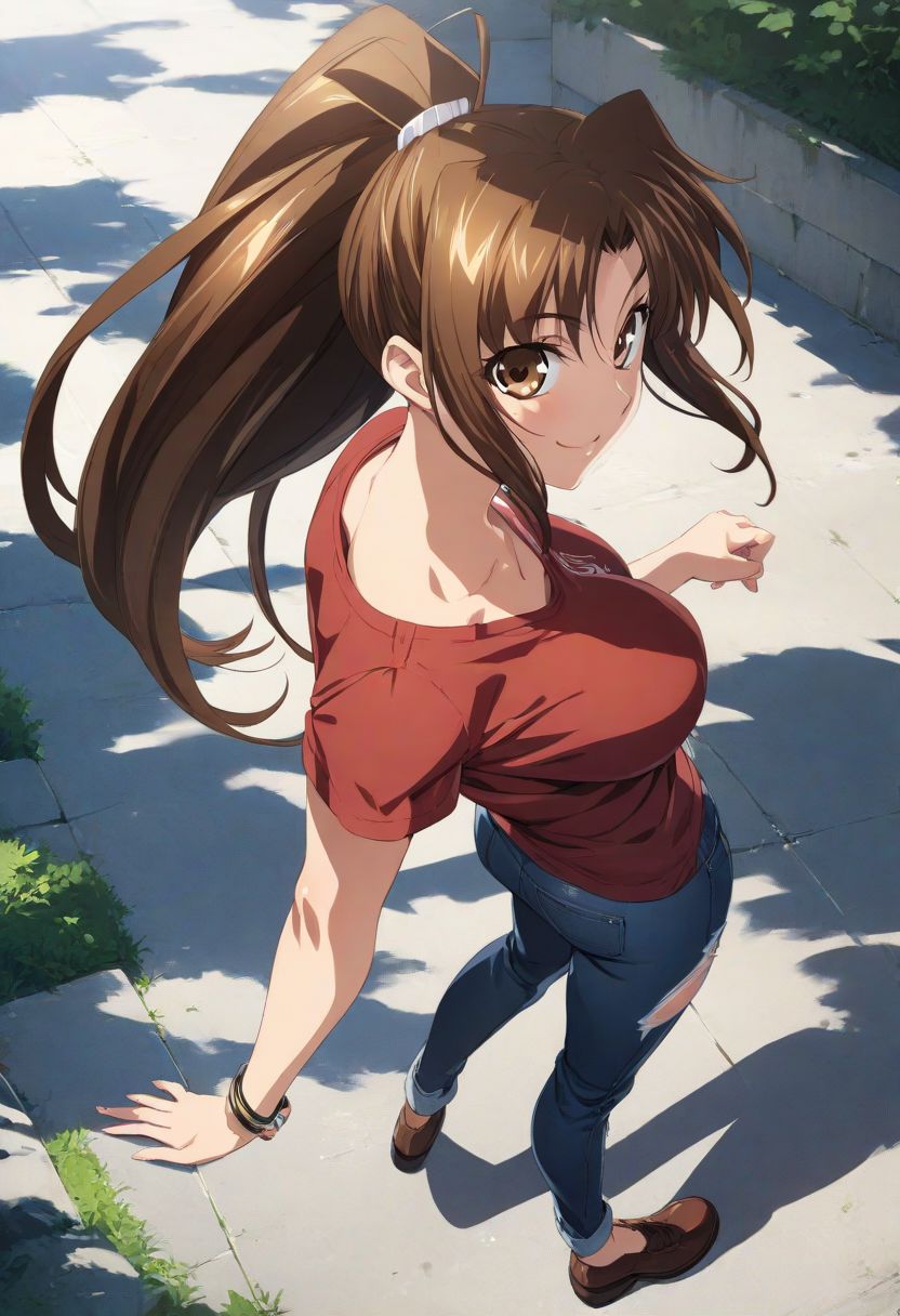 (masterpiece),(best quality),(ultra-detailed),(best illustration),(best shadow),(absurdres),(detailed background), (very aesthetic), mai shiranui, 1girl, solo ponytail, brown hair, brown eyes, large breasts, casual outfit, t-shirt, standing, smile, looking at viewer, jeans, torn jeans, brown shoes, full body,