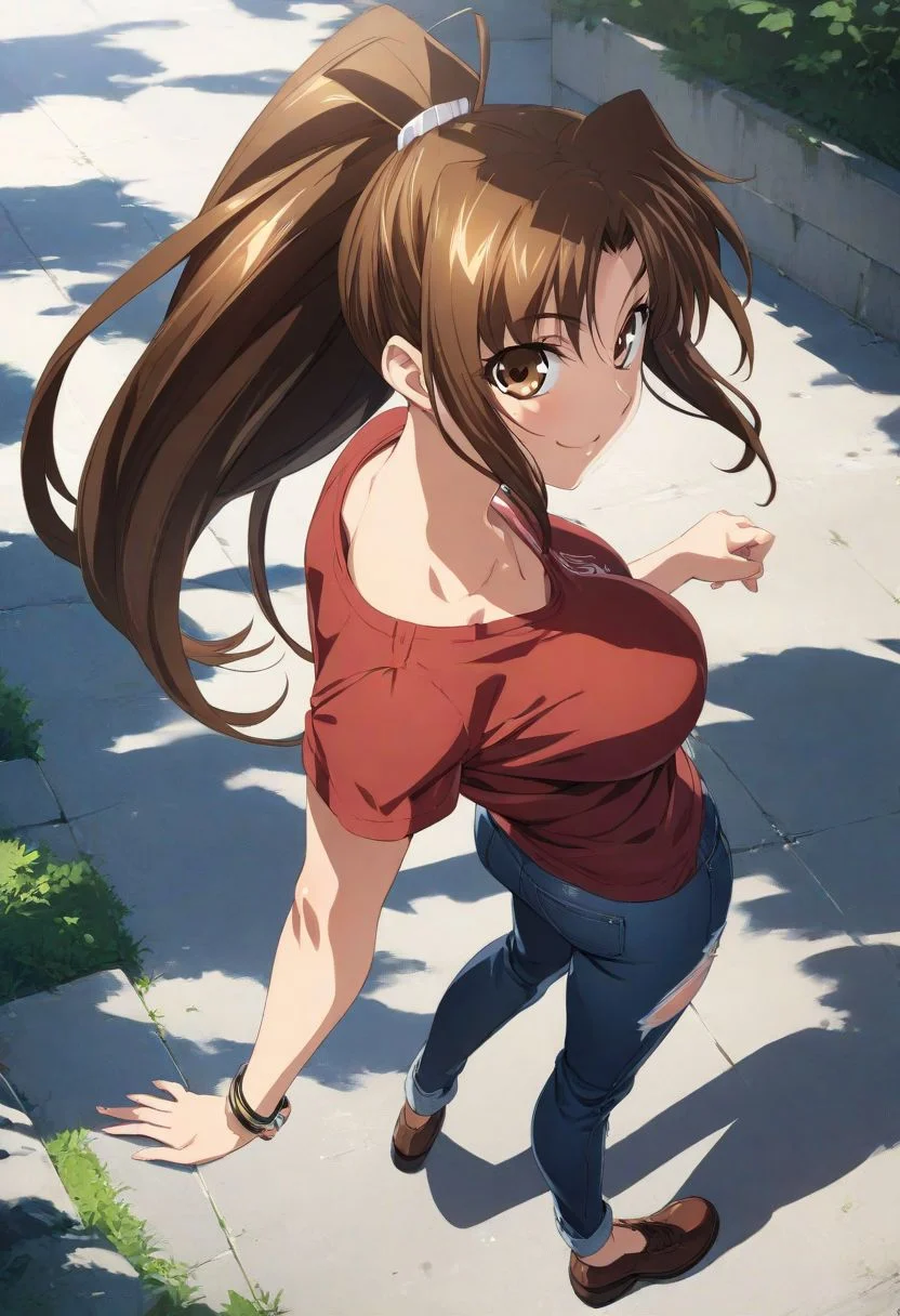 (masterpiece),(best quality),(ultra-detailed),(best illustration),(best shadow),(absurdres),(detailed background), (very aesthetic), mai shiranui, 1girl, solo ponytail, brown hair, brown eyes, large breasts, casual outfit, t-shirt, standing, smile, looking at viewer, jeans, torn jeans, brown shoes, full body,