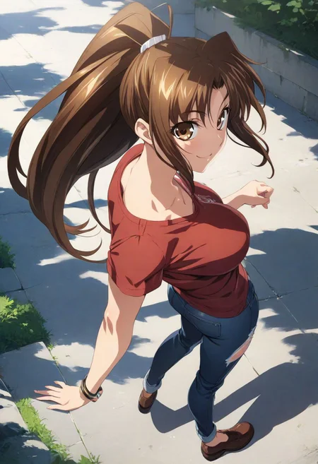 (masterpiece),(best quality),(ultra-detailed),(best illustration),(best shadow),(absurdres),(detailed background), (very aesthetic), mai shiranui, 1girl, solo ponytail, brown hair, brown eyes, large breasts, casual outfit, t-shirt, standing, smile, looking at viewer, jeans, torn jeans, brown shoes, full body,