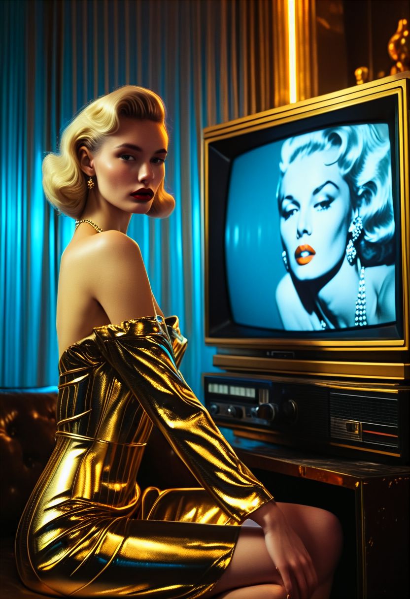 Supermodel sitting on ((dzktxez)), (1girl, female focus, large breasts, blonde hair, bare shoulders, victorian gold dress), ((television screen, tv show)), close up, extremely detailed, Create a captivating scene of glamorous supermodels in gold dresses perched on 1980s retro televisions. Emphasize the (radiant:1.3) presence of the models, the (shimmering:1.2) gold dresses, and the (nostalgic:1.1) ambiance of the retro TVs. Inspired by the works of (Helmut Newton:1.4) and (Andy Warhol:1.3), ultra HD, realistic 8K raw photography, prismatic sci fi inspired DSLR photography, HDR, UHD, 64K, vivid details, vibrant colors, natural lighting, volumetric lighting, bokeh, extremely detailed, cyberpunk theme, retro futurism, 128k, world morph, cinematic lighting, best quality, official photography, masterpiece