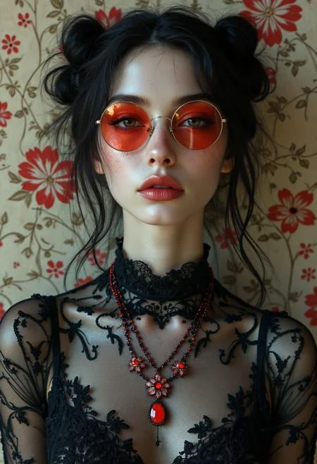 A hyper-realistic portrait of a young woman with a pale complexion, featuring round red-tinted sunglasses. She has black hair styled in loose, wavy updos with strands framing her face. Her lips are full and painted in a glossy red, and she has light freckles across her nose and cheeks. She wears a high-necked, semi-transparent black lace dress with intricate floral patterns that reveal a hint of her skin underneath. Around her neck, she has two delicate necklaces with red gemstone pendants, one shaped like a flower. The background is a vintage, ornate wallpaper in beige and red tones with floral designs, enhancing the elegant and slightly gothic aesthetic of the scene. The lighting is soft and evenly distributed, highlighting her face and the textures of her attire, creating a mysterious and sophisticated atmosphere. [Brian Kesinger], style by Mariusz Lewandowski, by Louis Aston Knight, by Karine Eibatova, by John Howe, by Jessica Rossier, by Jarosław Jaśnikowski, by Inessa Garmash, by Henriëtte Ronner-Knip,