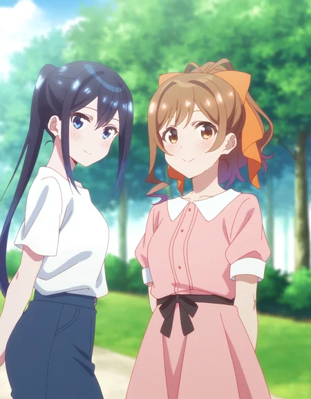 2girls, miyama suzune, hair bow, hananoi rena, ponytail, selection project, casual, standing, arms behind back, looking at viewer, smile, blush, outdoors, park, day, BREAK, <lora:iSelePro:0.75>,
very aesthetic, high definition, amazing quality, masterpiece, best quality, highres, absurdres, sensitive, newest, anime screenshot, screencap