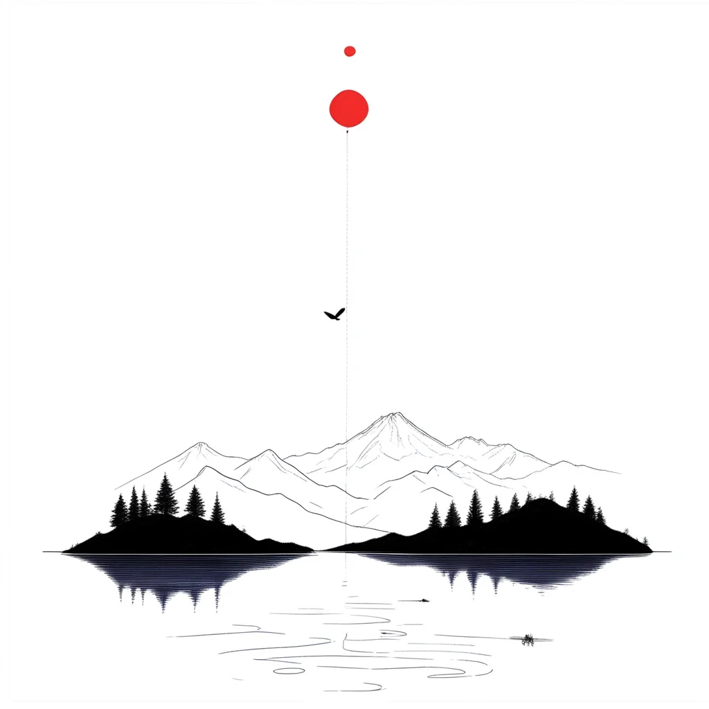ArsMJStyle, minimalist line art landscape, A black and white illustration of a red balloon floating in the air., no humans, mountain, bird, tree, mount fuji, border, nature, monochrome, white background, lake, outdoors, forest, scenery, simple background, reflection, water