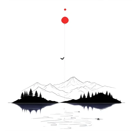 ArsMJStyle, minimalist line art landscape, A black and white illustration of a red balloon floating in the air., no humans, mountain, bird, tree, mount fuji, border, nature, monochrome, white background, lake, outdoors, forest, scenery, simple background, reflection, water
