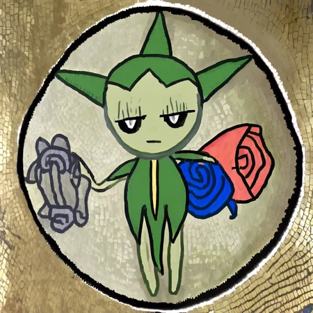 'Ancient history' a mosaic created in the Byzantine Empire in 1234, Byzantine, History roselia\(pokemon\),pokemon\(creature\),colored skin,thorn hair,flower hands,black sclera,white pupils,half-closed eyes, leaves