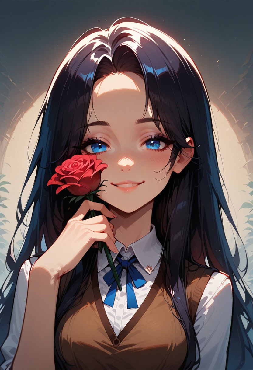 1girl, solo, dark hair, long hair, looking at viewer, smile, holding red rose, blue eyes, white collared shirt, brown vest,  upper body, source_PonyXL,