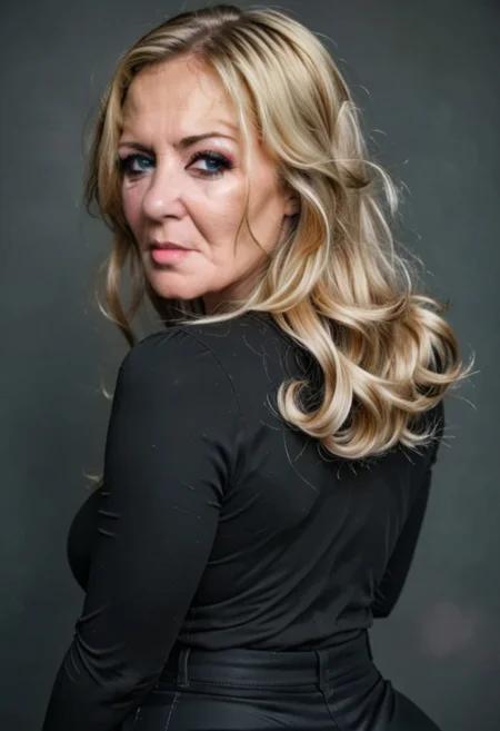 Voluptuous, attractive 80 years old woman, mascara, long eye-lashes, eyeliner, long blonde hair, huge ass, tight silk blouse, tight black trousers,
booty-view, glancing over shoulder
<lora:Gloria_Gilf_Pony:1.0>