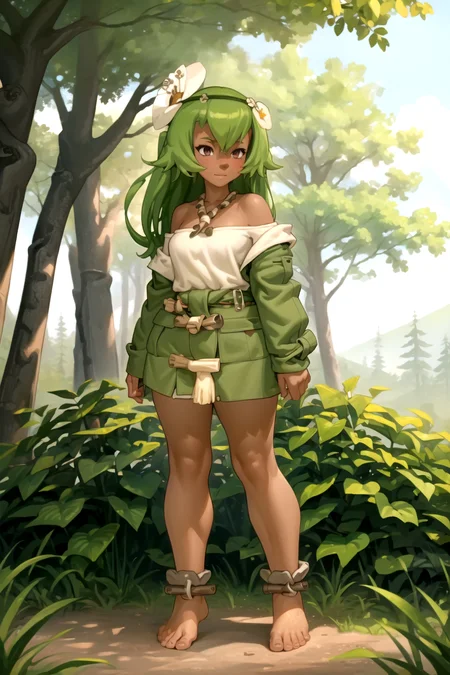 masterpiece, best quality, 1girl, amaliayoung, dark skin, dark-skinned female, long hair, solo, tribal, barefoot, forest background, sunshine <lora:Kairunoburogu-sfw-nsfw-epoch-000006:0.8> <lora:Amaliav1:1>