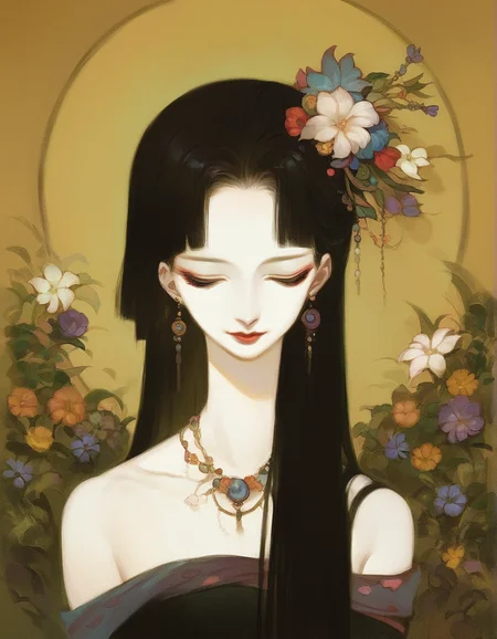 <lora:amano_yoshitaka_style_pony:0.9> score_9, score_8_up, score_7_up, score_6_up, 
 amano yoshitaka, 1girl, solo, flower, closed eyes, jewelry, long hair, necklace, makeup, hair ornament, lipstick, hair flower, upper body, earrings, bare shoulders, black hair, bug