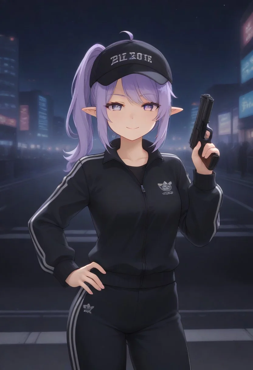 SleepyProject, track pants, track jacket, track suit, purple eyes, purple hair, ponytail, pointy ears, baseball cap, black jacket, black pants, ahoge, long sleeves, swept bangs,
looking at viewer, hand up, holding gun, handgun, m1911, smug, smile, half-closed eyes, hand on own hip,
street, lamppost, city, neon lights, dark, night, night sky,
1girl, solo, solo focus, highres, absurdres, light particles, backlighting, shade, lens flare, shiny skin, fine fabric emphasis,