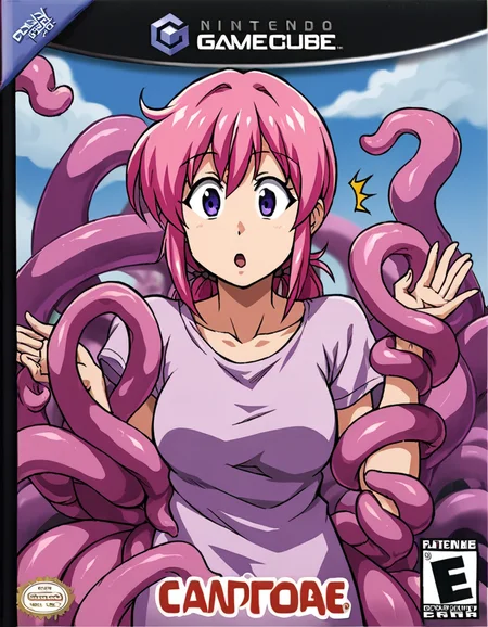 GCNBOXArt,  score_9, general, 1girl, purple_tentacles, surprised, pink hair, source_anime, cute,  <lora:GcnBoxArt__Pony:.9>, mature_female,