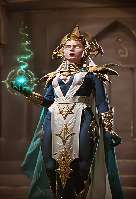 masterpiece, best quality, amazing quality, very aesthetic, high resolution, ultra-detailed, absurdres, BagdadThief, HelaE, 1girl, solo, headdress, bodysuit, pelvic curtain, medium breasts, cleavage, shoulder armor, cape, glowing eyes, magic, aura, gorget, full lips, gloves,