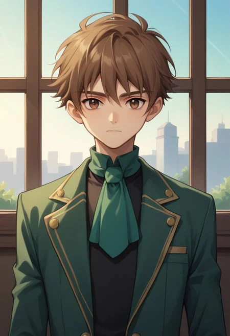 score_9, score_8_up, score_7_up, source_anime, highly detailed, 
shaoran, 1boy, male focus, solo, brown hair, brown eyes, window, upper body, ascot, green ascot, coat, green coat, long sleeves, shirt, black shirt, slender, skinny