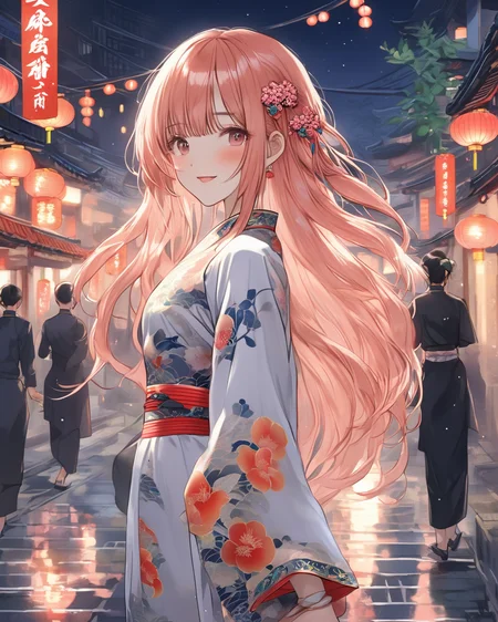 1girl, peach hair, long hair, bangs, china cheongsam hair ornaments loafers, new street city midnight,