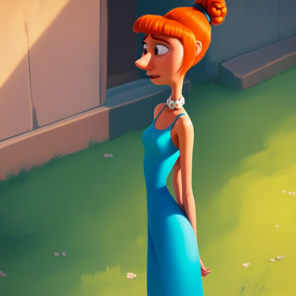 score_9, solo, lucyw, orange hair, single hair bun, dress, single hair bun, outdoors
