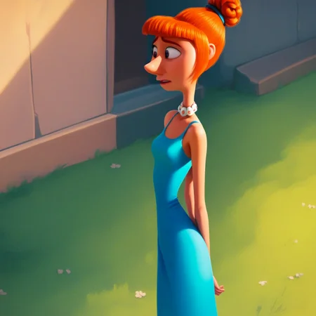 score_9, solo, lucyw, orange hair, single hair bun, dress, single hair bun, outdoors