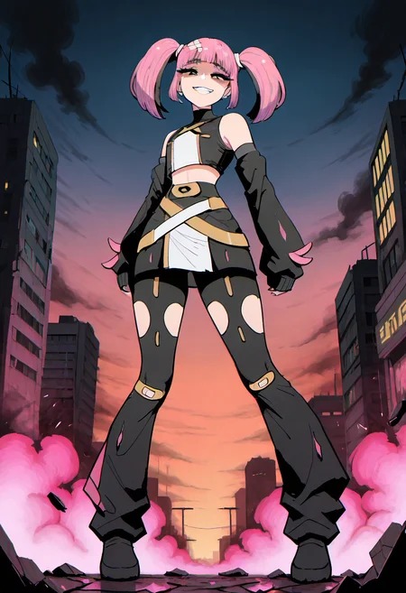 masterpiece, best quality, 1girl, solo, smile, looking at viewer, zzSango2, black eyes, pink hair, twintails, blunt bangs, hair ornament, detached sleeves, bare shoulders, skirt, sleeves past wrists, torn clothes, black pantyhose, torn pantyhose, ruined city, glowing rubble, dusk, dynamic pose, low angle, sparks, smoke â Bathed in the ember glow of a ruined skyline, Sango2 strides through crumbling streets, her tattered sleeves fluttering in the ash-laced breeze. Shards of glowing debris reflect in her dark eyes, her pink twintails streaked with soot. The torn edges of her outfit reveal glimpses of defiance, every step echoing strength as smoke coils around her legs. The setting sun casts long shadows, painting the shattered world in hues of crimson and fire. narrow waist, wide hips, ,<lora:SangoTimeSkipPokemon_IXL:1.0>,