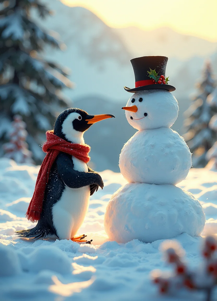 analog film photo a photograph of a penguin in a serene winter wonderland, with a snowman standing proudly in the center of the frame, its chunky body composed of several large snowballs stacked on top of each other, each one intricately detailed with texture and visual interest. The penguin, dressed in a dapper top hat and scarf, stands beside the snowman, its flippers clasped together in excitement, as it surveys its handiwork with a satisfied expression. The camera is positioned at a slight angle, capturing the penguin's endearing face and the snowman's majestic presence from a 45-degree perspective.
The lighting is soft and warm, with a gentle golden glow that bathes the entire scene in a cozy ambiance, as if the sun is shining down upon the penguin's snowy creation. The snow itself is rendered in exquisite detail, with delicate crystals and intricate patterns that evoke a sense of depth and dimensionality. The surrounding landscape is blurred, with only subtle hints of frosty trees and distant hills visible through the soft focus.
The color palette is muted, with a predominance of blues and whites, evoking a sense of winter wonderland magic. The penguin's tuxedo-like feathers are rendered in rich, velvety blacks and snowy whites, while its bright orange beak pops against the drabber tones of the snowman's body. The top hat is adorned with a delicate sprig of holly, adding a touch of festive whimsy to the overall scene.
The artistic style is reminiscent of classic children's illustrations, with bold lines, vibrant colors, and a playful energy that captures the penguin's infectious joy. The brushstrokes are confident and expressive, with visible textures and patterns that add depth and visual interest to the image.
Technical specifications: Capture the image in RAW format, with a resolution of 5000 x 3750 pixels, using a high-quality digital camera with a wide-angle lens, and a focal length of approximately 24mm. Use a slow shutter speed of 1/30s to capture the blur and movement in the scene, while maintaining a sharp focus on the penguin's face and the snowman's body. Employ advanced post-processing techniques to enhance the colors, contrast, and textures, with a subtle warmth and glow that enhances the overall ambiance.
Photorealistic details: Add intricate patterns and details to the penguin's feathers, such as subtle sheen and texture, as well as delicate veins on its wings. Include realistic snowflakes and crystals in the surrounding landscape, with a focus on capturing their unique shapes and structures. Render the top hat and scarf in exquisite detail, with visible stitching and embroidery patterns that add depth and visual interest to the image. . faded film, desaturated, 35mm photo, grainy, vignette, vintage, Kodachrome, Lomography, stained, highly detailed, found footage