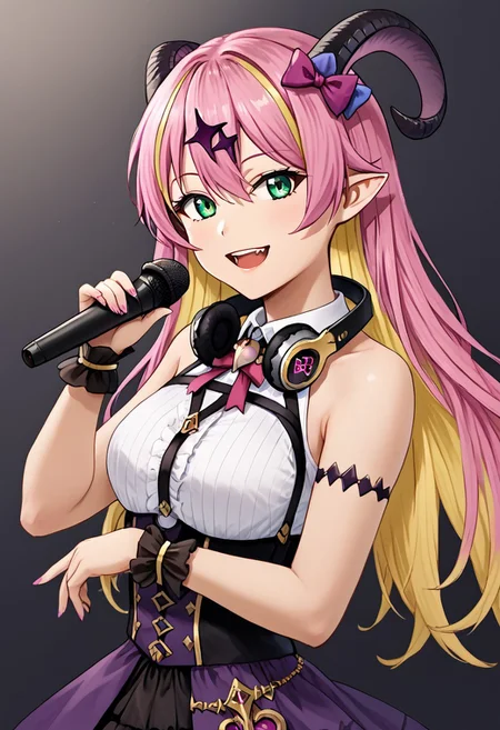 1girl, solo, highres, ManoAloe, long hair, multicolored hair, blonde hair, pink hair, demon horns, pointy ears, hair ornament, asymmetrical horns, green eyes, bangs, hair between eyes, colored inner hair, hair bow,
bare shoulders, bow, chest harness, sleeveless shirt, wrist cuffs, purple skirt, arm strap, white shirt, headphones, headphones around neck,
upper body, smile, looking at viewer, open mouth, singing,
IncrsNeverGonnaGiveUUp, microphone, holding microphone,