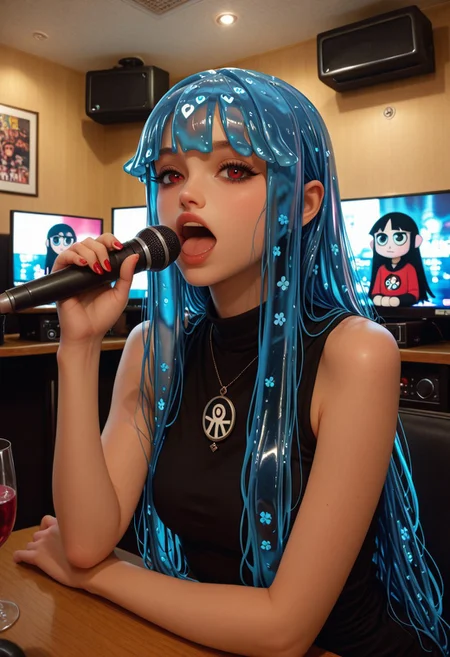 ultra-detailed,masterpiece, best quality, good quality, 8k,beautiful eyes, detailed eyes, detailed face,
BREAK
hlbao, liquid hair, very long hair, blue hair, red eyes,
BREAK
j_karaoke, drinking_glass,monitor,microphone,table, Singing,
BREAK
Dark Theme,
BREAK
artist:moriimee, <lora:MoriiMee_Gothic_Niji_Style_Illustrious_r1:0.6>, <lora:PowerPuffMixLora:0.5>,
BREAK