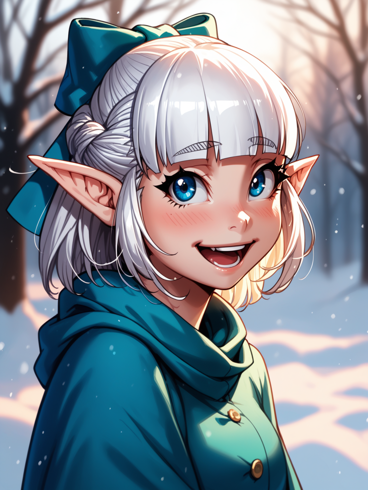 (upper body, solo focus:1.2) <lora:happy_tentacle-fana-v0.1-000029:1>, ht_fana, white hair, blue eyes, hair bow (petite:1.2), <lora:Shed_The_Skin's StS_age_slider_v1_initial_release:-1.2> ( :1.1) ( ( head tilt :0.8) , , (excited :1.2) , , (looking at another:1.2) :1.1) , outdoors, vegetation, ( :1.1), winter, snow , (dawn :0.6), (blue sky:0.6) , (:0.5), , (medieval :0.9), park (( from side :1.3) :0.8) score_9, score_8_up, score_7_up, score_6_up, score_5_up, score_4_up, ( [(realistic, photorealistic:1.3):(realistic:1.2):16] [(3d:1.2)::14] :1) <lora:LUUNA's Lunas-NijiJourney-SDXL-B2:0.35>, nijijourney <lora:prgfrg23's Counterfeit-V3.0 Style SDXL_LoRA_Pony Diffusion V6 XL:0.5> <lora:mfcg's mfcgXL:0.12> <lora:reweik's gyokai(himehajime)_PonyXL_style_v01:0.14>