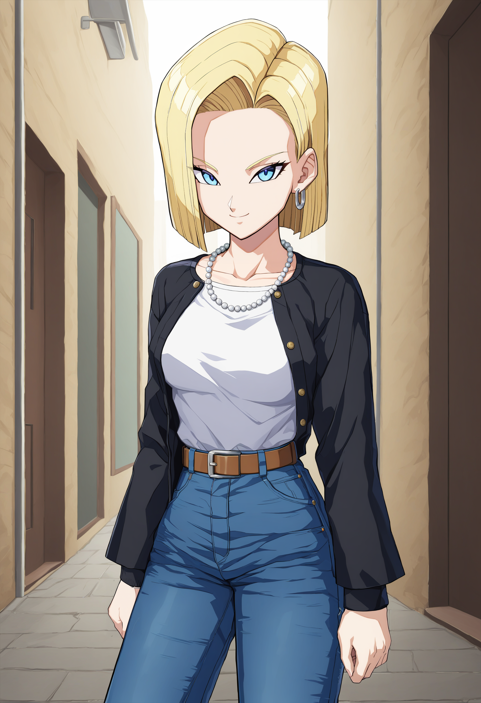 sysdeep_android18, 1girl, solo, breasts, smile, short_hair, blue_eyes, blonde_hair, shirt, long_sleeves, jewelry, medium_breasts, earrings, belt, pants, necklace, denim, casual, jeans, bead_necklace, pearl_necklace, <lora:Android 18 - [Dragonball] - XL Version 1:0.8>