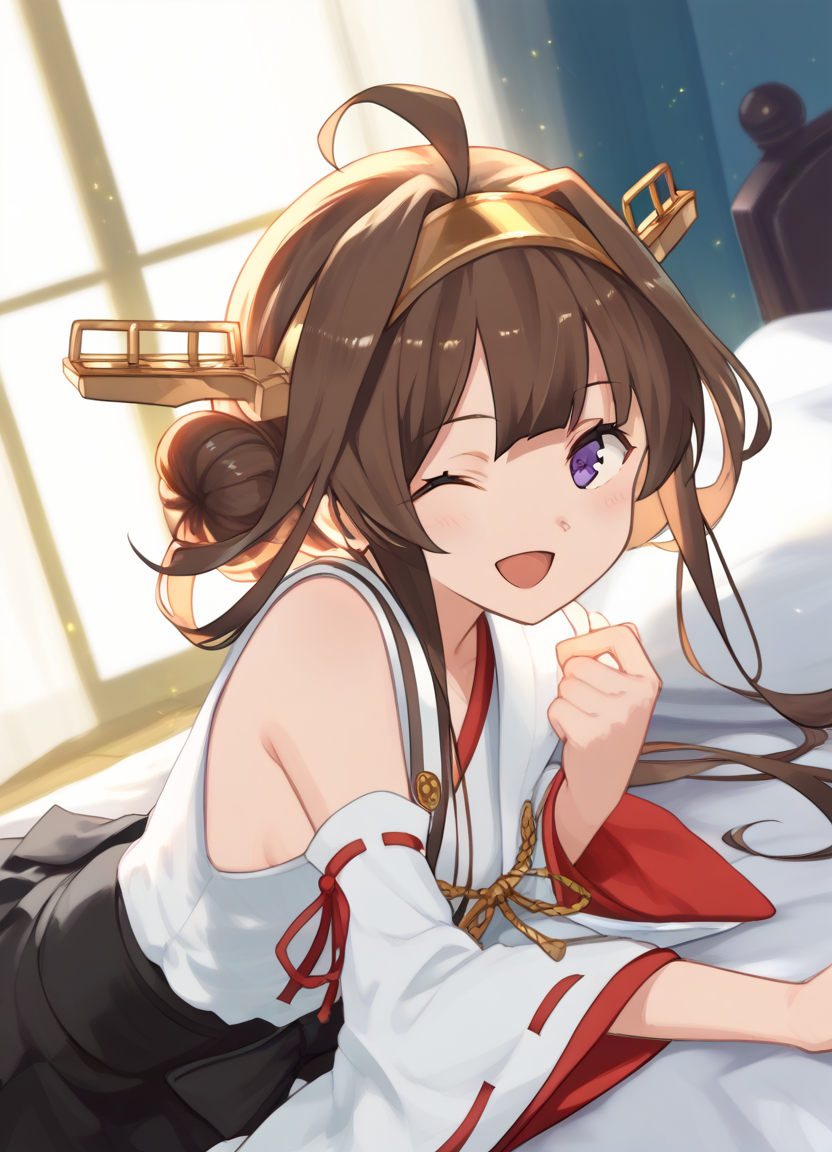score_9, score_8_up, score_7_up, masterpiece, best quality, absurdres, official art, official style, (anime screencap, megami magazine:1.2), zPDXL2, zPDXLxxx, <lora:Shibafu_Style_Pony_v1:0.7>, 1girl, solo focus, shibafu_style, <lora:kongou-09:0.8>, kongoukainiKC,long hair, skirt, thighhighs, ahoge, hairband,detached sleeves, japanese clothes, black skirt, hair bun, double bun, headgear, ribbon trim, nontraditional miko, ribbon-trimmed sleeves, <lora:neg4all_bdsqlsz_xl_V91:1.0> <lora:ALTXL_pony_0061_8:2.0>, <lora:detailed_hands-000002:1>, hand bedroom, on bed, bed sheet, evening, sunset, dim lighting, light particles, on stomach, from above one eye closed, open mouth, smile, looking at viewer,