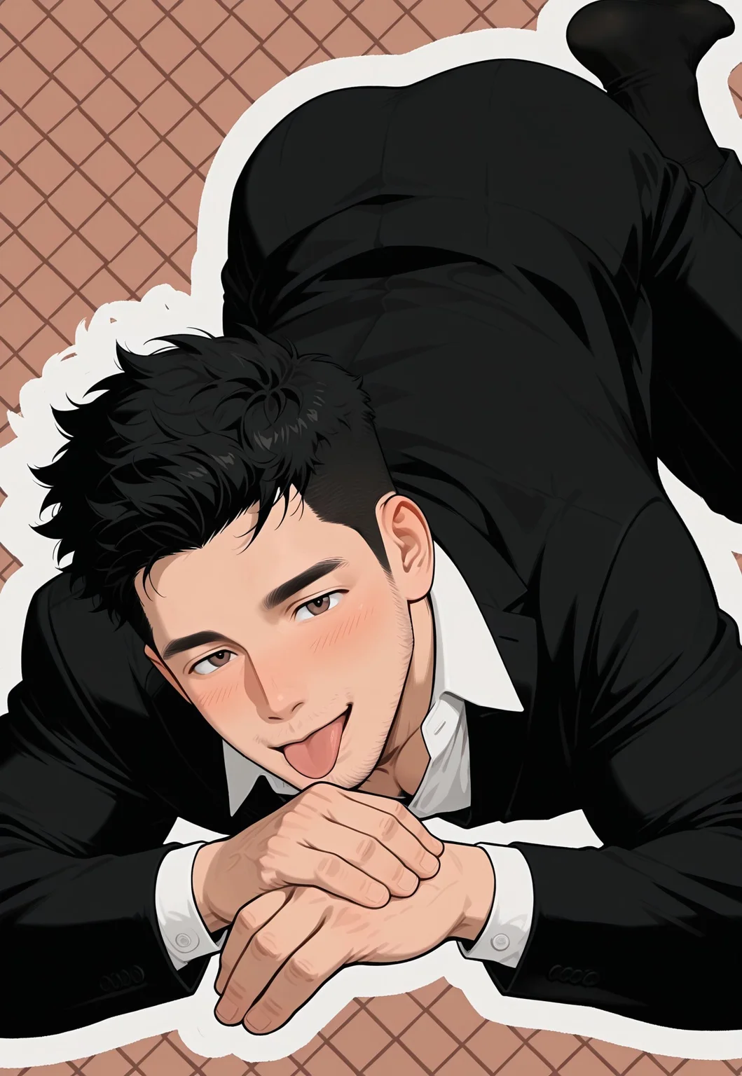 hu99y, flat color, 1boy, stubble, full body, flying, black_suit, white_shirt, open collar, black_socks, black_hair
,(sharpie background), colorful_background,
,(eyelashes), blush, (mature), (perfect_brown_eyes:1.2), windy, dynamic shot, open mouth, lips, tongue out, (lick his hand:1.2)
,masterpiece, best quality, very aesthetic,absurdres,newest, highest detailed, windy, film grain, look at viewer, muted color, limited palette, handfixer