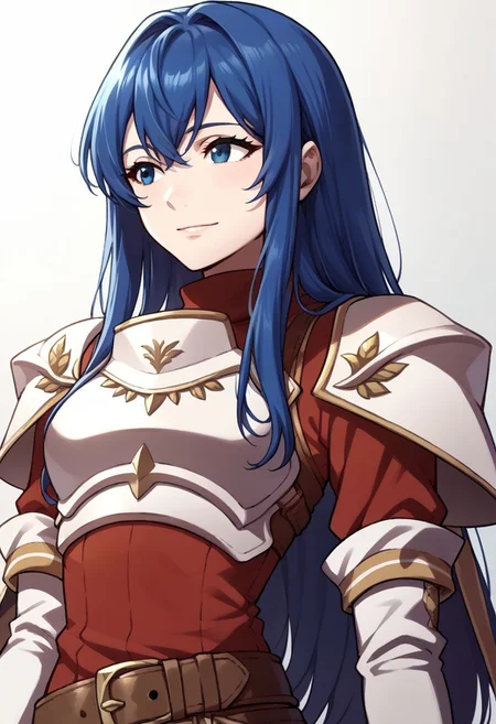 score_9, score_8_up, score_7_up, source_anime BREAK 1girl, solo, <lora:zs_AwakeningPortraitsXL:1> awakeningportraits, portraits, white background,  <lora:caeda-fe-richy-v1_pdxl:1> caedadef, blue eyes, blue hair, long hair, bangs, turtleneck, red shirt, shoulder armor, pauldrons, breastplate, multiple belts, brown belt, white gloves, elbow gloves,light smile