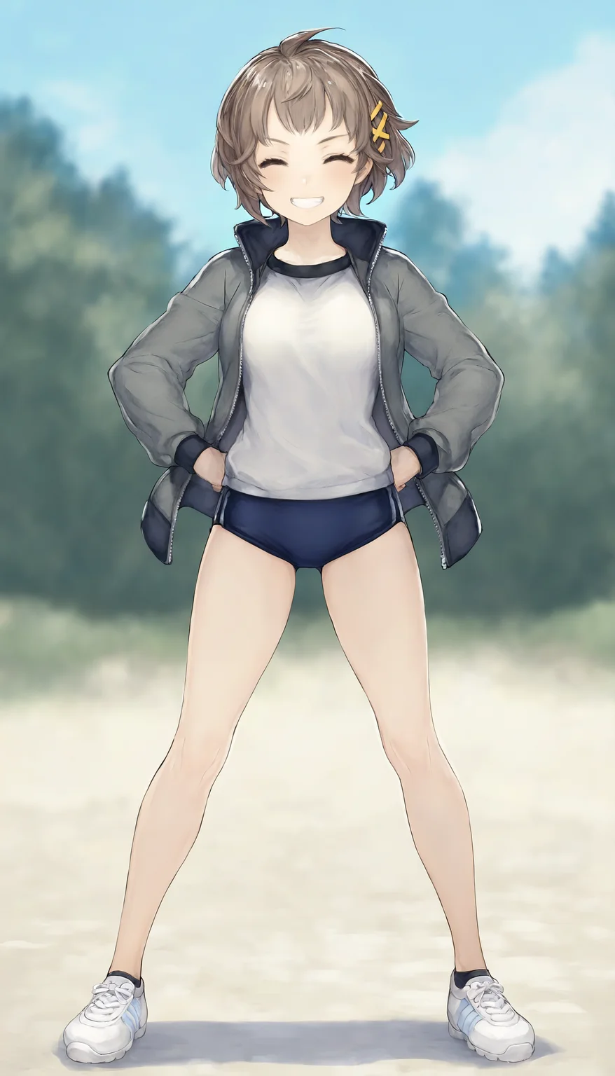 masterpiece,best quality,amazing quality,
<lora:natsunominamiNAI:1>,natsunominami,
1girl,solo,brown hair,short hair,bangs,brown eyes,yellow hairpin,grey jacket,gym uniform,blue gym shorts,black ankle socks,white sports shoes,
hands on hips,closed eyes,grin,
outdoors,
school,
depth of field,