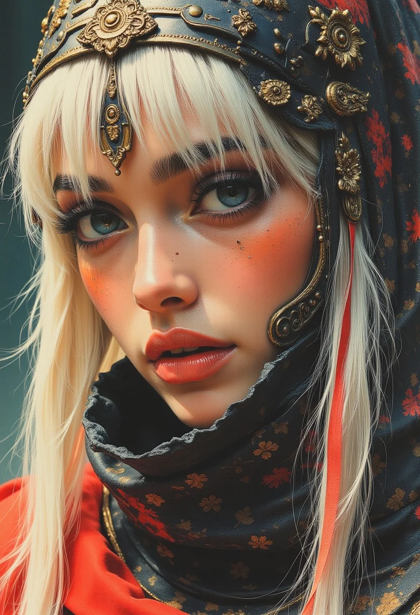 abstract photorealistic ink image in vivid, surreal colour gradient, closeup side portrait of korean woman wearing fantasy leather and bronze plate armour, long bleached hair, bangs