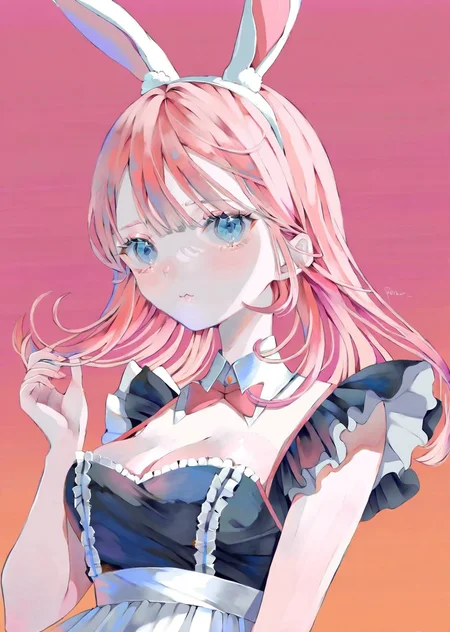 , by poire ,by yogisya
1girl, bunny ears, bangs, cleavage, upper body pink perspective from below, maid anime cute gradient
masterpiece, best quality, high quality, highres, absurdres, very detailed, high resolution, sharp, sharp image, 8k, vivid, colorful, stunning, anime
