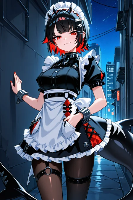 masterpiece, best quality, 1girl, solo, 21 year old model, eyelashes, (beautiful eyes), ,,, ellen joe, black hair, colored inner hair, multicolored hair, red eyes, red hair, short hair, two-tone hair, apron, black pantyhose, black shirt, black skirt, ear piercing, fins, fish tail, maid, maid apron, maid headdress, pantyhose, piercing, puffy short sleeves, puffy sleeves, shark girl, shark tail, shirt, short sleeves, skirt, tail, two-tone hair, wrist cuffs, <lora:EllenJoeIXL:1.0>, ,,, stars, night, luminescent background, city, back alley, smug, hands in pockets, smile, looking at viewer, shiny skin, <lora:princess_xl_v2:0.3>,