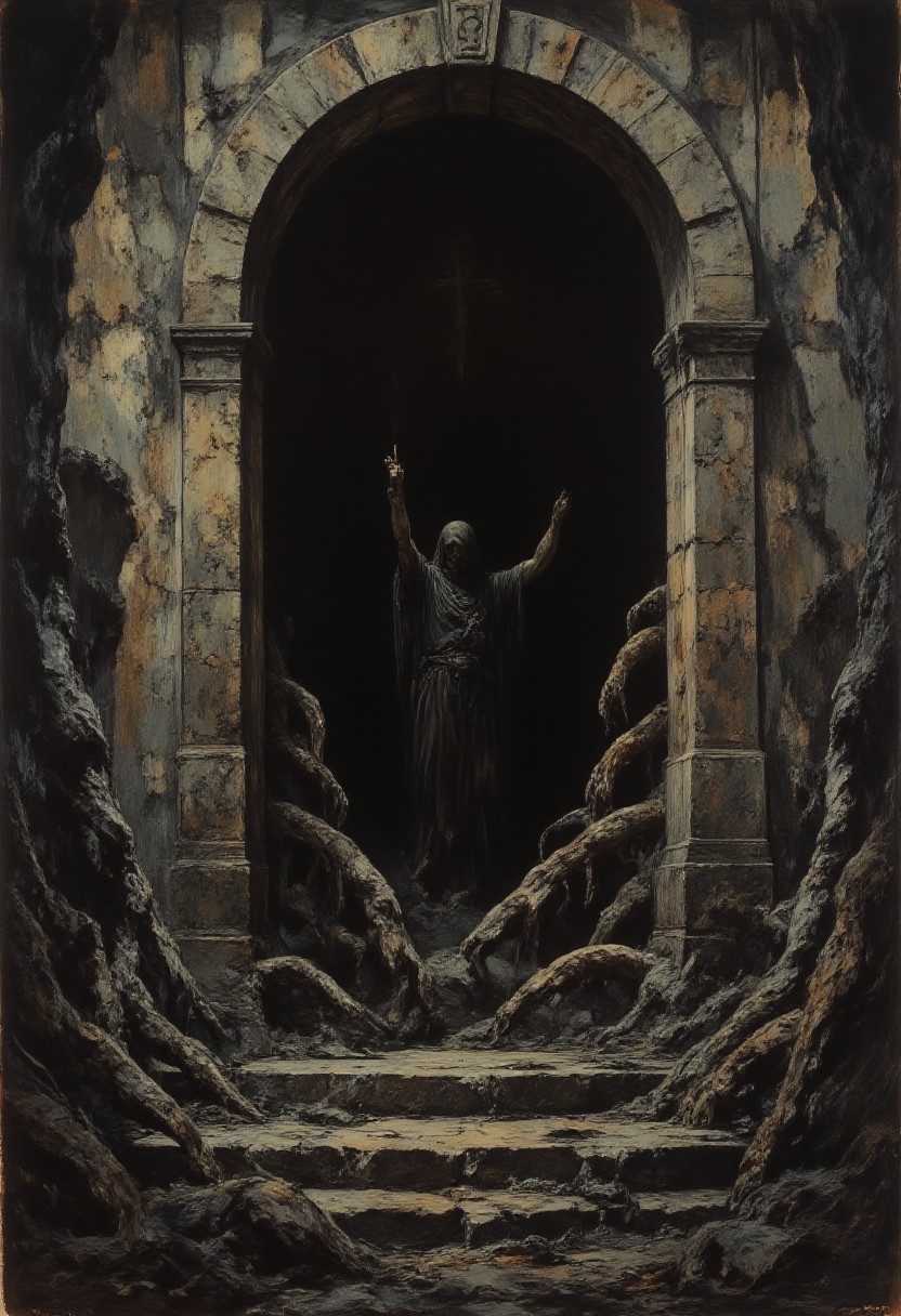 An oil painting of a stone doorway leading to a dark room. Many hands reach out from within the room, grasping at the viewer. A depiction of the grim reaper stands in the darkness. 
The painting is a representation of depression