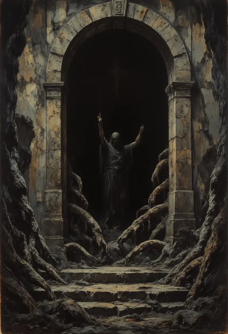 An oil painting of a stone doorway leading to a dark room. Many hands reach out from within the room, grasping at the viewer. A depiction of the grim reaper stands in the darkness. 
The painting is a representation of depression
