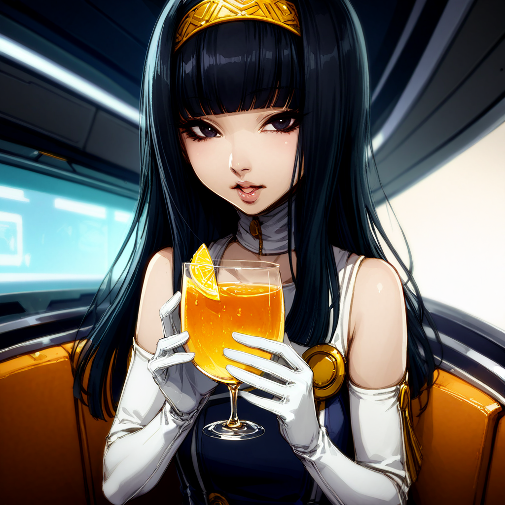 masterpiece, best quality, very aesthetic, yuriko, long hair, black hair, blunt bangs, gloves, black eyes, white gloves, lips, dress, hairband, elbow gloves, bare shoulders, drinking lemon tea with a luxury glass, lemon on the glass, spaceship interior