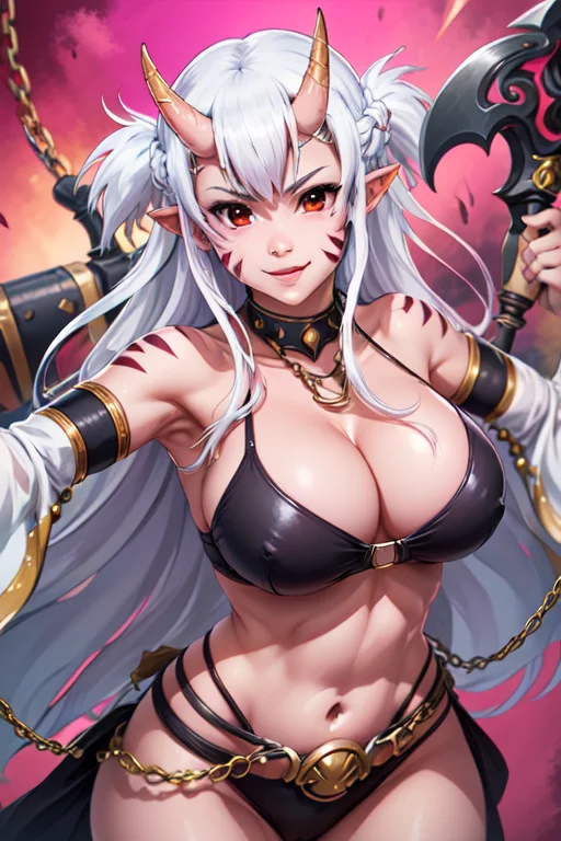 <lora:lisa:0.6>lisa,1girl, solo, long hair, breasts, looking at viewer, smile, large breasts, red eyes, navel, holding, weapon, white hair, detached sleeves, horns, pointy ears, holding weapon, chain, facial mark, pink background, oni horns, oni, axe (masterpiece:1.2), (best quality), (ultra detailed), (8k, 4k, intricate),(full-body-shot:1), (highly detailed:1.2),(detailed face:1.2),(detailed background),detailed landscape, (dynamic angle:1.2), (dynamic pose:1.2),
