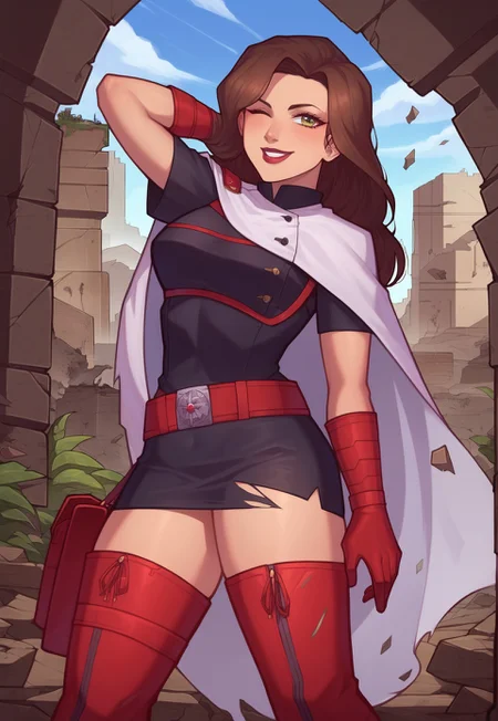 safe_pos, score_9, score_8_up, score_7_up, masterpiece, absurdres, source_anime, ng_deepnegative_v1_75t,  detailed, (perfect anatomy:1.1), perfect body, (perfect hands:1.2), ((fullbody shot)), destroyed city, ruins, post-apocalyptic landscape
BREAK 
yukasmt, brown hair, long hair, black dress, short sleeves, white breastplate, white cape, red belt, thigh holster, multiple belts, short skirt, black skirt, red thigh boots, red gloves, smile, curvy, one hand behind head, winking, tilted head