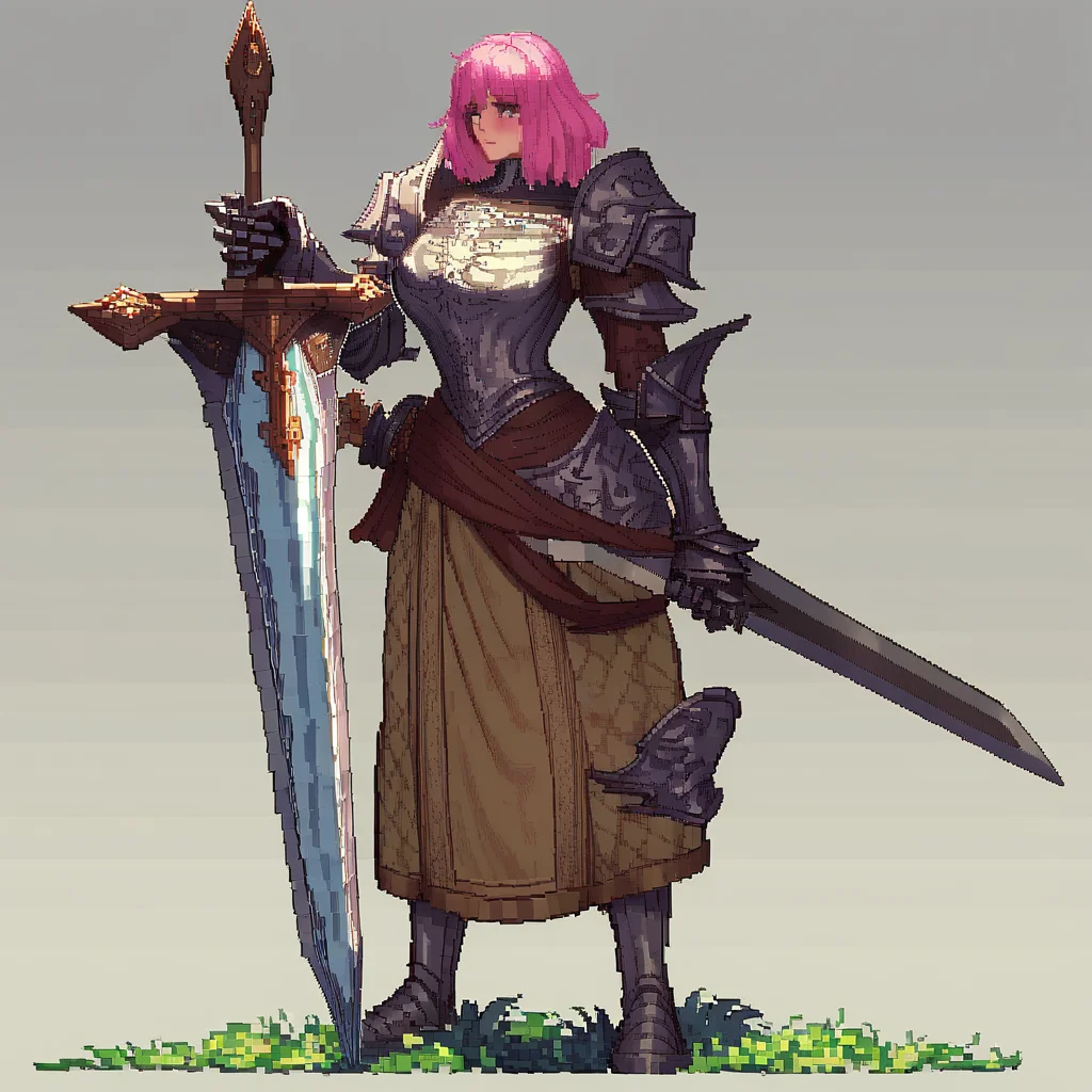 score_9, score_8_up, score_7_up, source_anime, fine sketch, manga style, vibrant pixel art, detailed pixel art, (1girl), pink hair, {blush}, med hair, bangs, a medieval peasant, wearing a (long heavy tunic with a hood), and light armor, highly detailed, full body illustration, milf, mature female, late 30s, midwife, proud, warrior, adventurer, heroin, grabbing the handle of a, (giant_sword), (resting stance), wide shoulders, (muscular:1.2), (tall height), busty, gauntlets, (armor tasset's:1.1), leaning right, looking to the right, epic composition, dark fantasy, a foggy and mysterious scene, dark fantasy aesthetic, dead trees in the background, with insanely intricate details and textures, ashes, gloomy dramatic lighting, perspective, dynamic, foreshortening