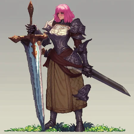 score_9, score_8_up, score_7_up, source_anime, fine sketch, manga style, vibrant pixel art, detailed pixel art, (1girl), pink hair, {blush}, med hair, bangs, a medieval peasant, wearing a (long heavy tunic with a hood), and light armor, highly detailed, full body illustration, milf, mature female, late 30s, midwife, proud, warrior, adventurer, heroin, grabbing the handle of a, (giant_sword), (resting stance), wide shoulders, (muscular:1.2), (tall height), busty, gauntlets, (armor tasset's:1.1), leaning right, looking to the right, epic composition, dark fantasy, a foggy and mysterious scene, dark fantasy aesthetic, dead trees in the background, with insanely intricate details and textures, ashes, gloomy dramatic lighting, perspective, dynamic, foreshortening