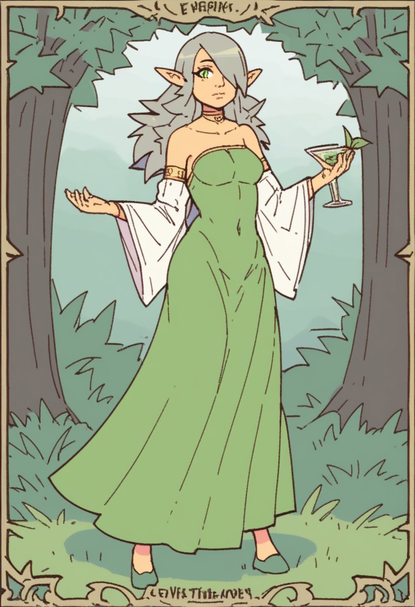 lu,
1girl, solo, lips, jewelry, breasts, collarbone, armlet, bare shoulders, bracelet, closed mouth, clothing cutout, cocktail dress, covered navel, detached sleeves, dress, elf, grass, green dress, green eyes, green footwear, grey hair, hair over one eye, leaf, long hair, looking at viewer, magic, medium breasts, nature, one eye covered, outside border, plant, pointy ears, swept bangs, tree, wide sleeves