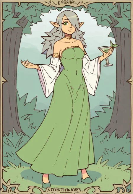 lu,
1girl, solo, lips, jewelry, breasts, collarbone, armlet, bare shoulders, bracelet, closed mouth, clothing cutout, cocktail dress, covered navel, detached sleeves, dress, elf, grass, green dress, green eyes, green footwear, grey hair, hair over one eye, leaf, long hair, looking at viewer, magic, medium breasts, nature, one eye covered, outside border, plant, pointy ears, swept bangs, tree, wide sleeves