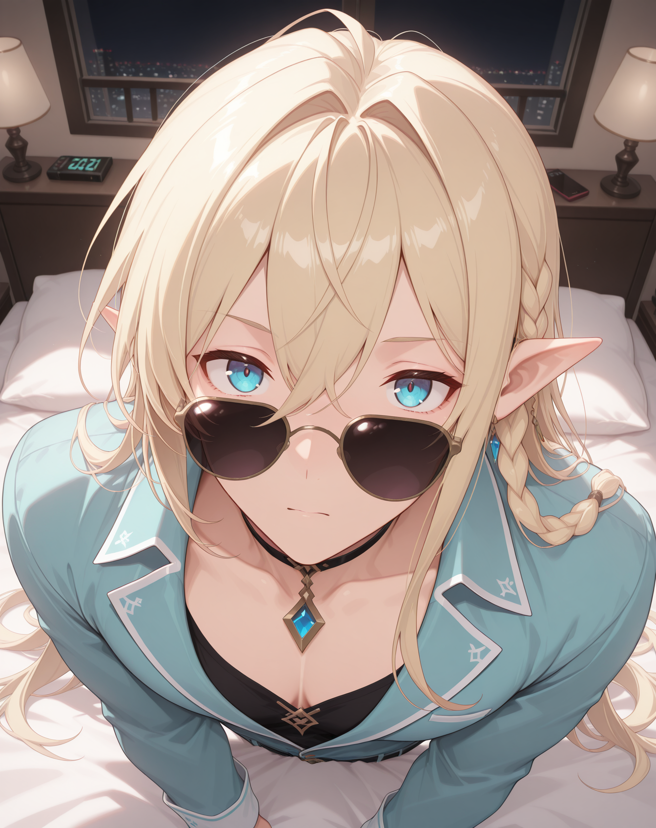 masterpiece,best quality,amazing quality, newest, very aesthetic, absurdres,
1boy, solo, yaoi, male focus, looking at viewer, full body, face focus, lying, on bed,
<lora:Grandiel_Forbbiden_Tome:1>   grandielfb, pointy ears, blonde hair, hair between eyes, blue eyes, long bangs, sunglasses,double-parted bangs, official alternate costume, side braid,
pajamas, open clothes,
indoors, night, dark room, bedroom,