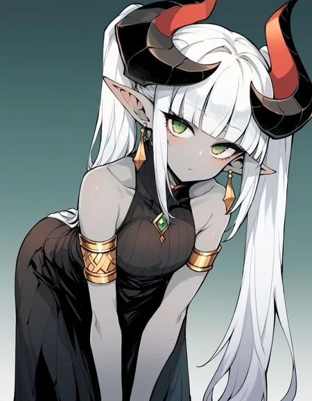 score_9, score_8_up, score_7_up, score_6_up, sigamastyle,
1girl, solo, long hair, bangs, green eyes, pointy ears, horns, twintails, blunt bangs, colored skin, grey skin, white hair, very long hair, jewelry, earrings, bare shoulders, black dress, sleeveless dress, armlet, leaning forward, head tilt, blush,
<lora:sigama_style_v1:1>