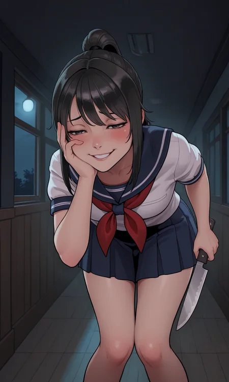 embedding:IllusP0s, f3rn4nd0, yanderechan, sailor school uniform, holding kitchen knife, knees together, leaning, one hand on face, blush, half-closed eyes, parted lips, smile, leaning forward, black hair chiaroscuro lighting, standing, holding weapon, ponytail, indoors, night, hallway, dark room, close-up, fisheye<lora:yanderechan_ill.safetensors:0.8:0.8> <lora:Style_soph-Fernando-ILXL.safetensors:1.0:1.0>