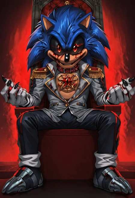 zPDXL3,RE_Engine,score_9_up,score_8_up,score_7_up,detailed,(best quality:1.2),digital media \(artwork\), BREAK, solo,best quality, 1boy, solo male, furry, LordX_EXE, red eyes, gloves, 1boy, animal ears, blue hair, white gloves, blood, spiked hair, furry, blood on face, furry male, body fur, animal nose, blood from eyes, sonic the hedgehog, black sclera, colored sclera, dark features, grey shoes, peach chest:1.5, sharp fingernails, black fingernails, grey open tail coat, knee-length jacket tails, black pants, red epaulettes, red collar and cuffs, red embroidery, massive red buttons, looking at viewer, spiked hair, hedgehog, baroque place, throne, night, dynamic lighting, red background hue, full body