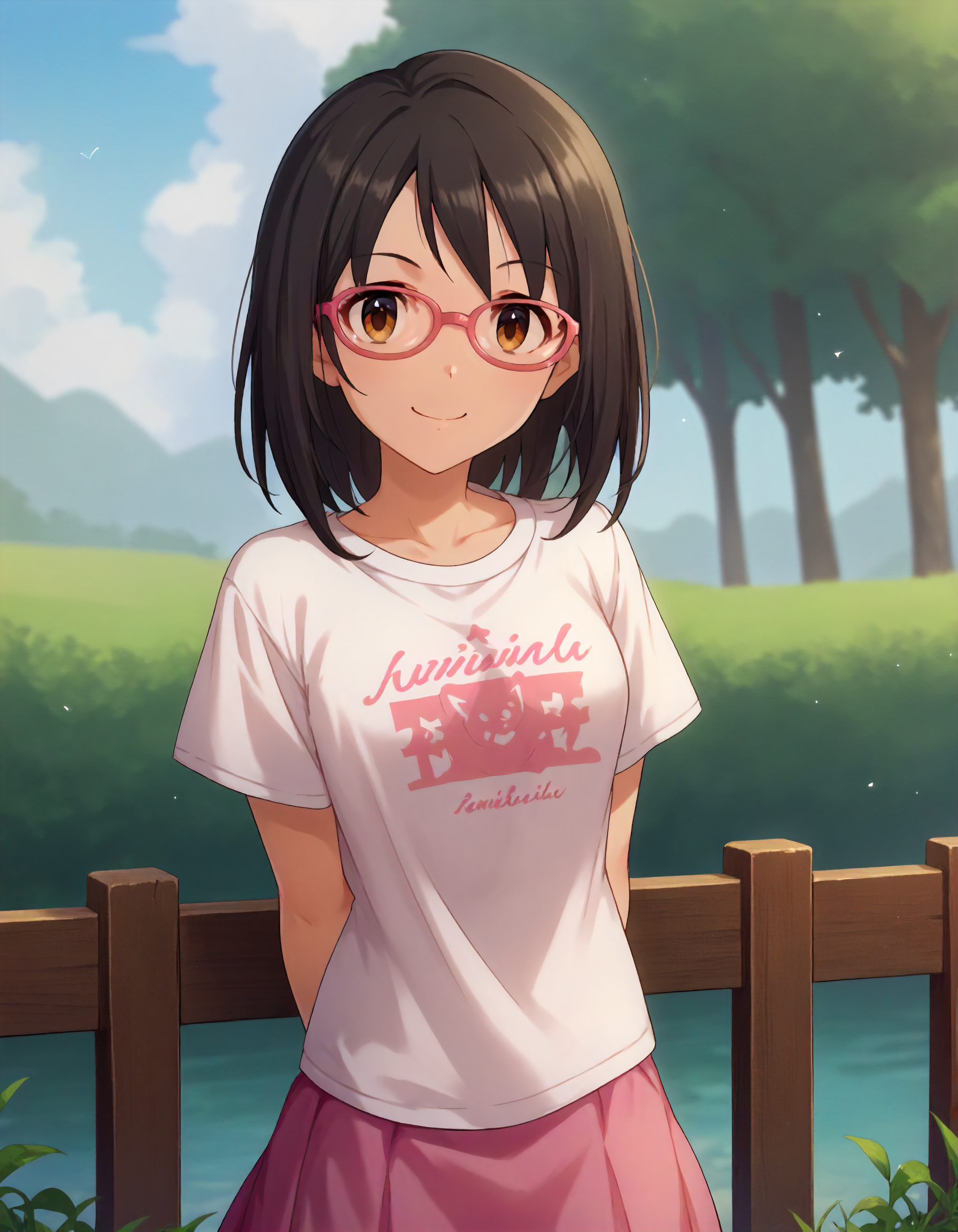 score_9,score_8_up,score_7_up,1girl,solo,cowboy shot,looking at viewer,smile,closed mouth,arms behind back,outdoors,
<lora:kamijouharuna_ponyXLV6:0.8>,cgkhr,
black hair,medium hair,brown eyes,pink-framed eyewear,
white T-shirt,pink skirt