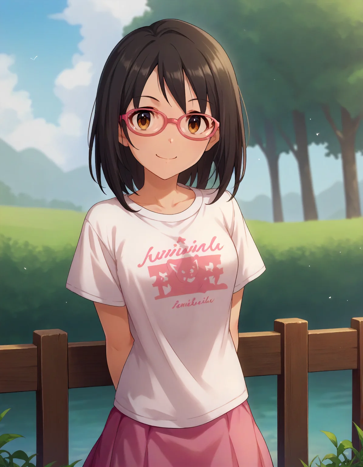 score_9,score_8_up,score_7_up,1girl,solo,cowboy shot,looking at viewer,smile,closed mouth,arms behind back,outdoors,
<lora:kamijouharuna_ponyXLV6:0.8>,cgkhr,
black hair,medium hair,brown eyes,pink-framed eyewear,
white T-shirt,pink skirt